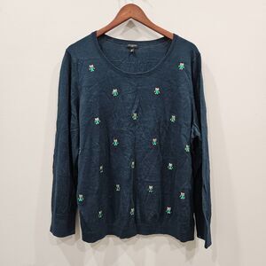 Talbots Womens Sequin Bejeweled Owl Sweater Plus Size 2X Teal Feminine Preppy